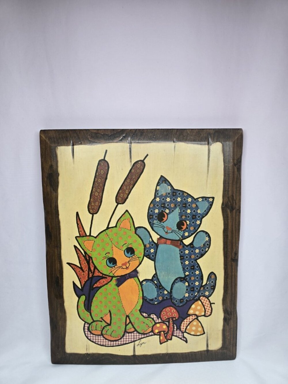 VTG 1960s Calico Cats Frolicing In Leaves Litho by Lyn On Wood Cottagecore